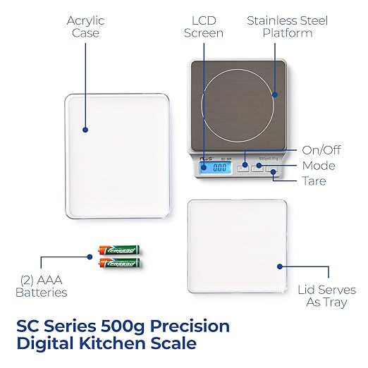 American Weigh Scales SC Series Precision Digital Kitchen Weight Scale, Food Measuring Scale, 2kg x 0.1g (Silver), AMW-SC-2KG (500g x 0.01g)