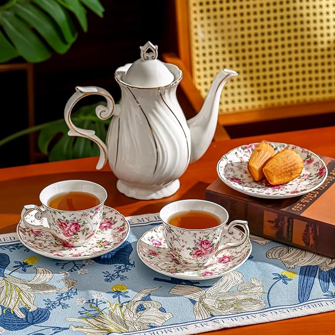 tea cups and saucers ceramic coffee mug 6oz for Coffee, Latte, Cafe Mocha and Tea-Set of 4 (Big flowers-Set of 4)