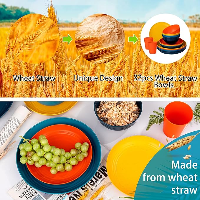 Supernal 32pcs Wheat Straw Dinnerware Sets,Plastic Plates and Bowls Sets for 8 Unbreakable Plates and Bowls Sets Dishwasher Safe Microwave Safe Fun Colors Perfect for Cooking Family Camping Picnics