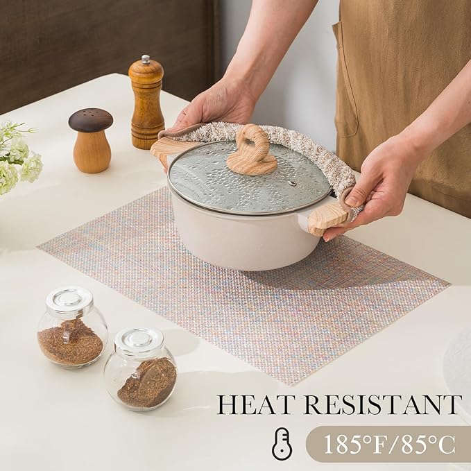 BACKTOEDEN Placemats Set of 8 Heat Resistant Washable Wipeable Placemat Woven Non-Slip Foldable Vinyl/Plastic Place Mats Indoor/Outdoor Mat Kitchen Dining Table Pad, Bright Silk Colorful