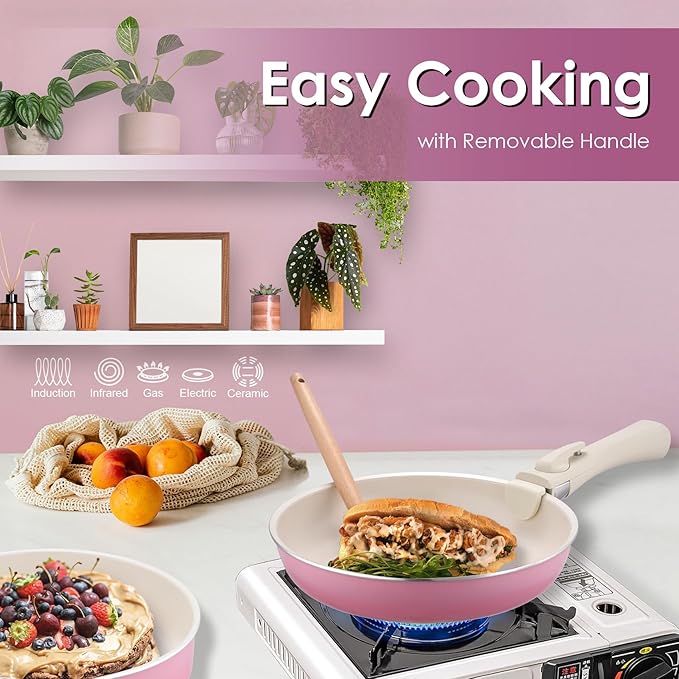 20pcs Ceramic Cookware Set Nonstick, Detachable Handle Pots and Pans Set, Non Toxic,No PFAS & PTFE & PFOA, Dishwasher/Oven Safe, RV Kitchen Set Removable Handle for Cooking, Pink