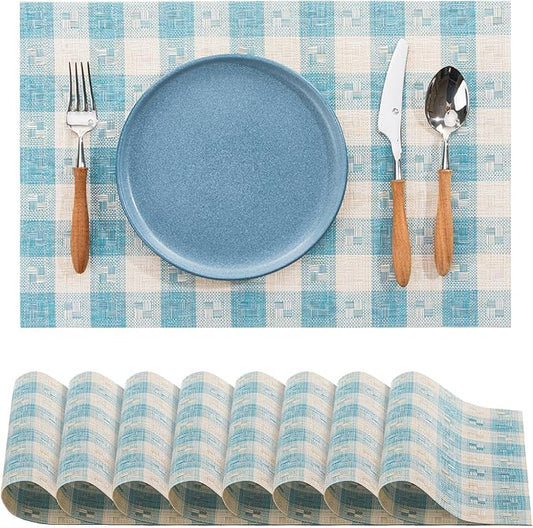 BACKTOEDEN Placemats Set of 8 Heat Resistant Washable Wipeable Placemat Woven Non-Slip Foldable Vinyl/Plastic Place Mats Indoor/Outdoor Mat Kitchen Dining Table Pad, Blue Checkered