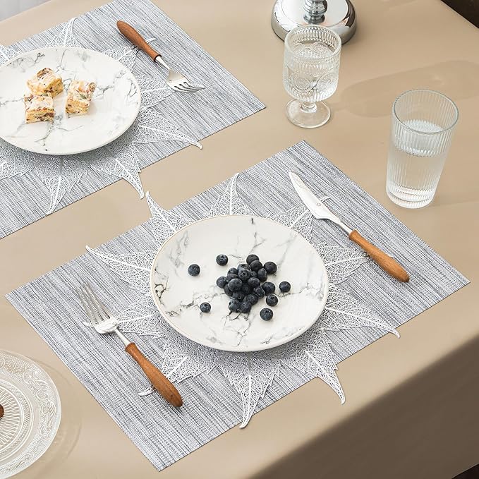 BACKTOEDEN Placemats Set of 4 Heat Resistant Washable Wipeable Placemats Woven Non-Slip Foldable Vinyl/Plastic Placemat Indoor/Outdoor Place Mats Kitchen Dining Table Mats, Silver Maple Leaf & Gray