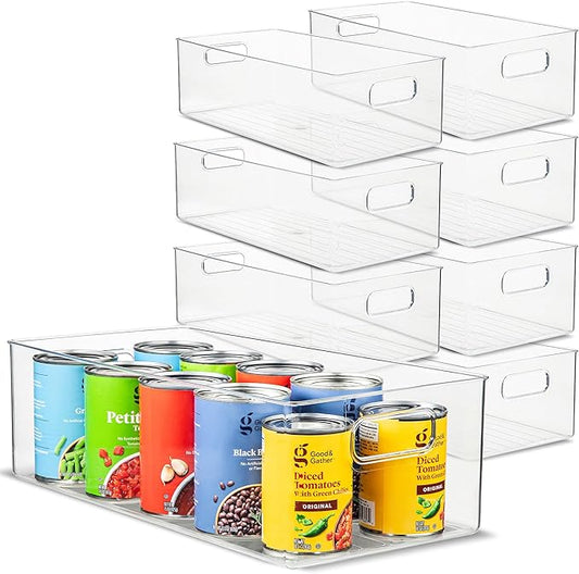 Plastic Food Storage 8 Pack Clear Container Bin with Handles for Organizing Kitchen, Pantry, Refrigerator, Freezer, Pantry, Cabinet, Closet, Bathroom. 16”x8”x5”