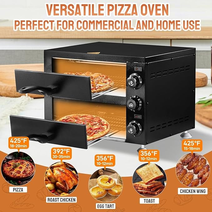 ROVSUN Commercial Double-layer Pizza Oven, Electric Countertop Oven with Timer and Removable Crumb Tray, 110V 2200W, Perfect for Commercial and Home Use, Black