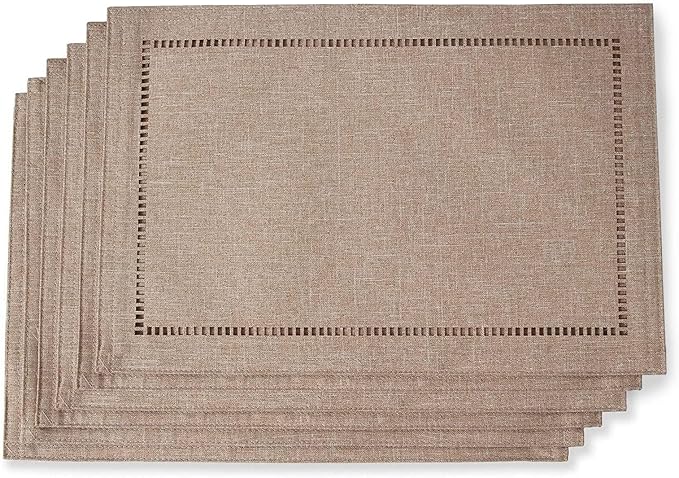Tosewever Set of 6 Decorative Linen Placemats 12 x 18 Inches, Farmhouse Style Table Mats for Everyday Dining Wedding Party Holiday Home Decor (6 Pieces 12 x 18”, Light Coffee/Straight)