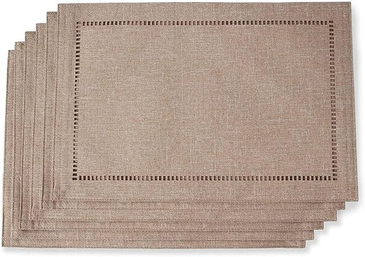 Tosewever Set of 6 Decorative Linen Placemats 12 x 18 Inches, Farmhouse Style Table Mats for Everyday Dining Wedding Party Holiday Home Decor (6 Pieces 12 x 18”, Light Coffee/Straight)