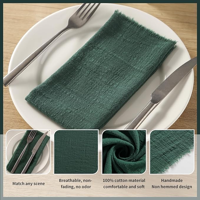 Handmade Cloth Napkins with Fringe, 100% Cotton Napkins, Delicate Handmade Linen Napkins for Dinners, Parties, Weddings and More, 17 x 17 Inch Set of 12 - DarkGreen