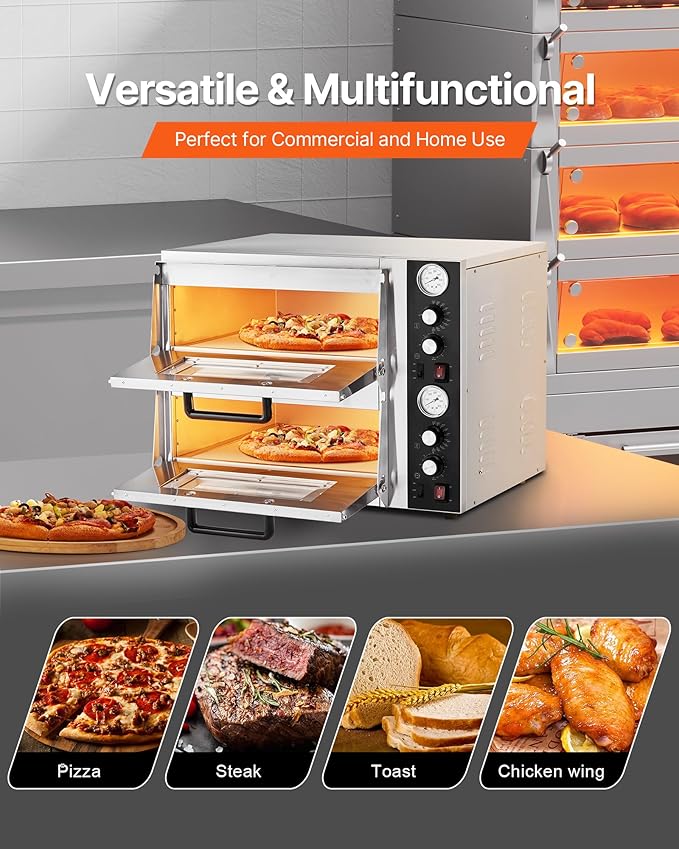 VEVOR Pizza Oven Electric, 18" Double-Deck Commercial Countertop Pizza Oven, 842°F Max Temp, Indoor Pizza Maker with Thermometer, Independent Upper & Lower Temp Control & Timer for Home Restaurant