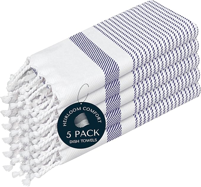 Indigo Blue Turkish Kitchen Towels 16x26 Inch, 5 Pack, 100% Cotton, Soft, Absorbent, Fast Dry, Machine Washable, Dish Towel with Tassels for Drying Dishes, Cleaning, Everyday Use