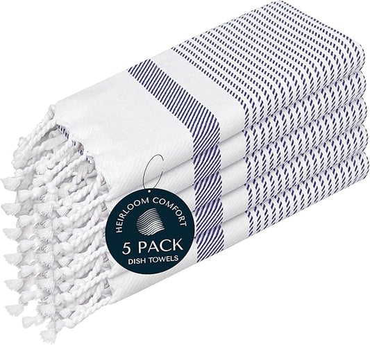 Indigo Blue Turkish Kitchen Towels 16x26 Inch, 5 Pack, 100% Cotton, Soft, Absorbent, Fast Dry, Machine Washable, Dish Towel with Tassels for Drying Dishes, Cleaning, Everyday Use