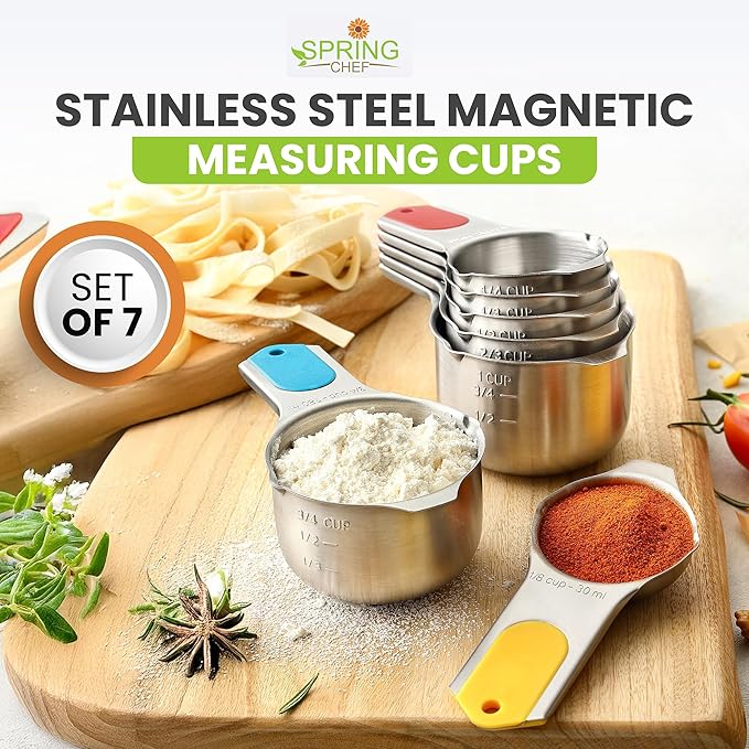 Spring Chef Magnetic Stainless Steel Measuring Cups, Patented, Kitchen Tools with Easy to Read Markings for Measuring Dry or Liquid Ingredients, Set of 7, Multicolor