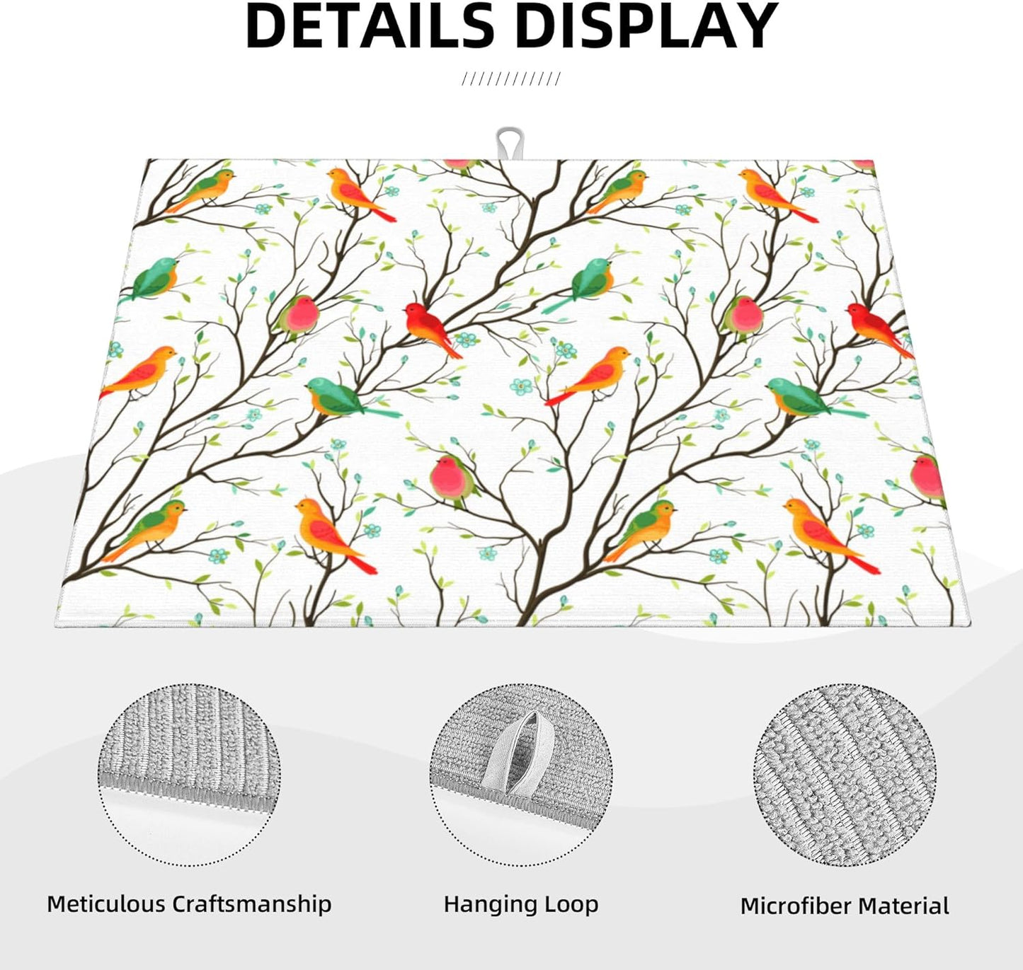 Cute Birds Kitchen Drying Mat Birds on Tree Microfiber Dish Drainer Mat for Kitchen Counter Absorbent Reusable Washable 18x24 Inch