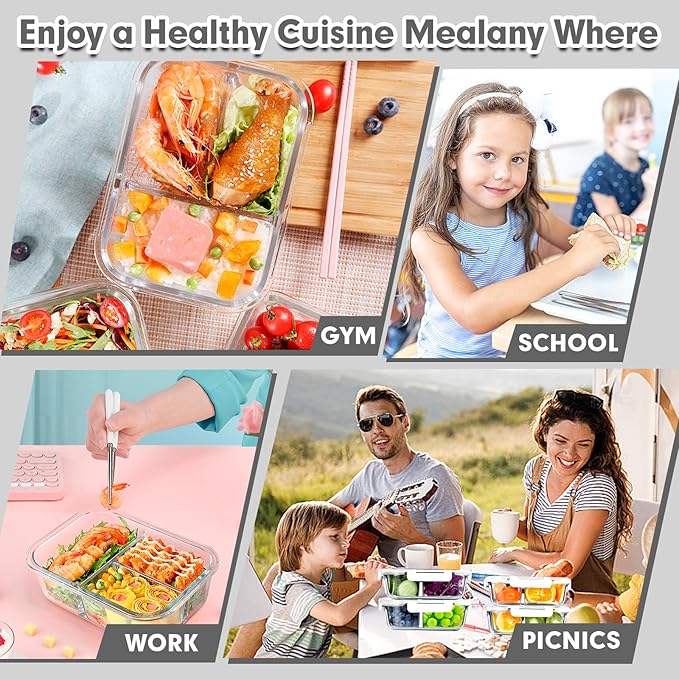 VERONES 5 Pack Glass Meal Prep Containers 3 Compartment Set, 36OZ Airtight Glass Lunch Containers, Food Storage Containers with Lids, for Microwave, Oven, Freezer & Dishwasher Friendly,White