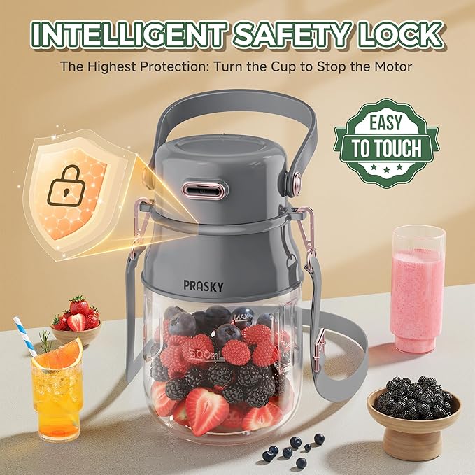 Portable Blender, Prasky Personal Blenders for Shakes and Smoothies with 27oz Cup, Lid and Shoulder Strap, Type-C USB Rechargeable, Personal Size Blenders BPA-free for Travel/Kitchen (Light Gray)