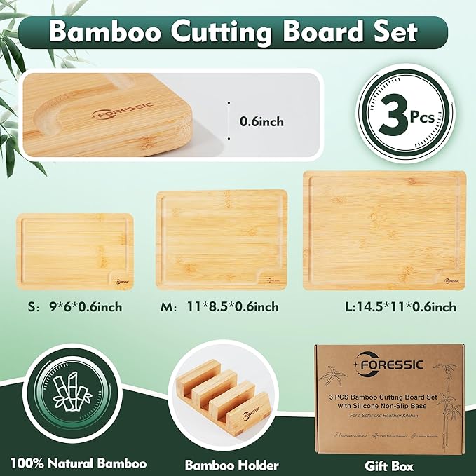Bamboo Cutting Board, Durable Wood Cutting Boards for Kitchen Set 3 Packs with Non Slip Feet Holder and Over Sink Solid Thick Reversible Large Big Small Vegetables Fruits Kitchen Gifts (Natural)