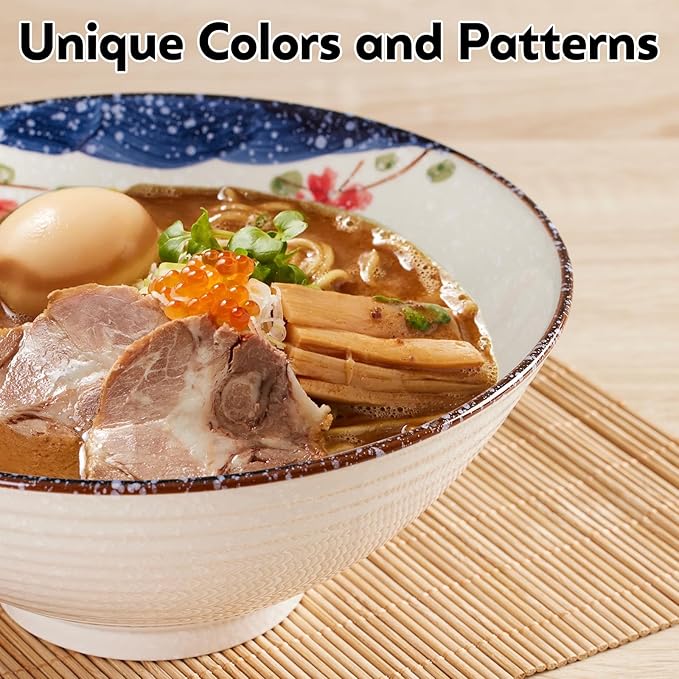 40 OZ ceramic ramen bowls, 8 IN large Japanese noodle soup bowl, match chopsticks and spoons, suitable for Pho, Udon Asian noodles (Colorful flowers)