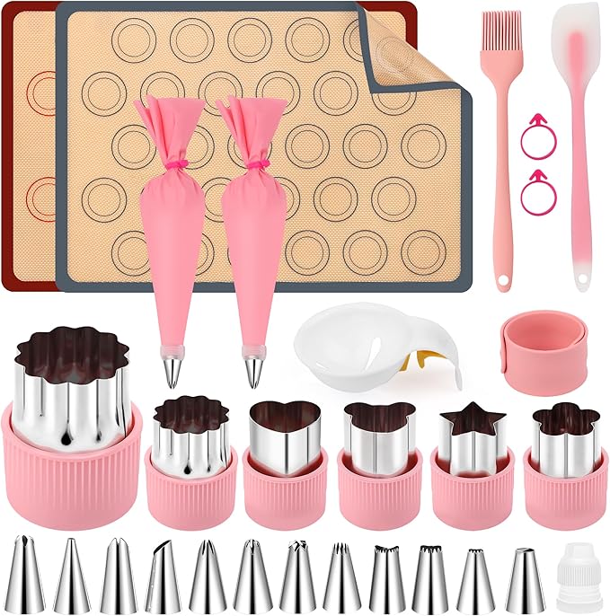 29P Macaron Silicone Baking Mats-Coldairsoap 2 Half Sheet Macaron Silicone Baking Mats 11.6"x16.5",1 Egg Separator,1 Pastry Brush,1 Spatula,12 Frosting Tips,2 Piping Bags, 1 Coupler, 6 Embossing Molds