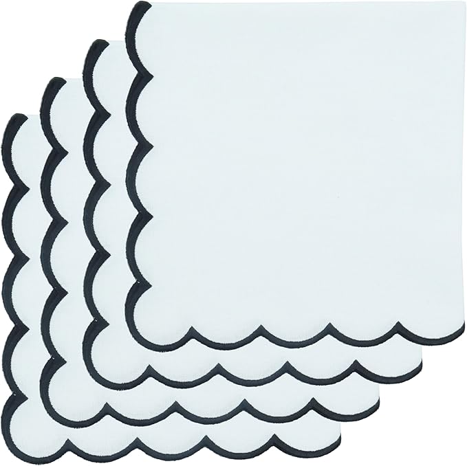 PurpleEssences Scalloped Embroidery Cloth Napkins Christmas Holiday Winter Table Decor 100% Cotton Set of 4-18 x 18 inch - White - Edges - Black