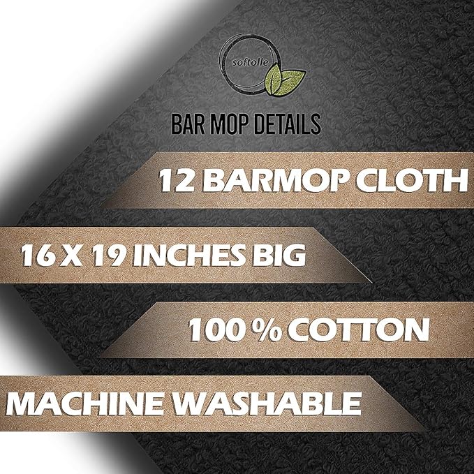 Softolle Bar Mop Towels, Pack of 12-16x19 Inches - 100% Cotton Super Absorbent Towels, Multi-Purpose for Home and Bar Cleaning (Black)