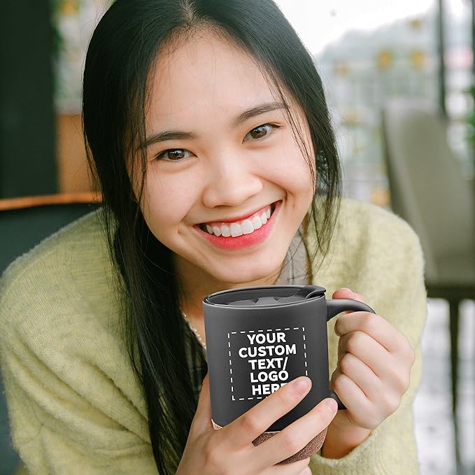Custom Barista Ceramic Mugs with Cork Bottom 13 oz. Set of 72, Personalized Bulk Pack - Perfect for Coffee, Tea, Espresso, Hot Cocoa, Other Beverages - Black