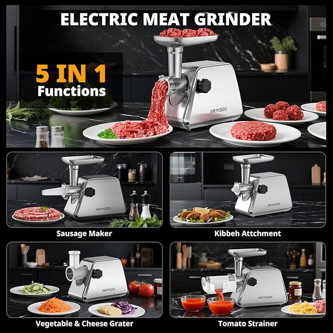 AIRMSEN Electric Meat Grinder & Tomato Sauce Press Maker with Strainer - Heavy Duty Food Mill Machine for Grinding Meat, Making Tomato Sauce, Sausage, Kibbeh for Home Kitchen Use