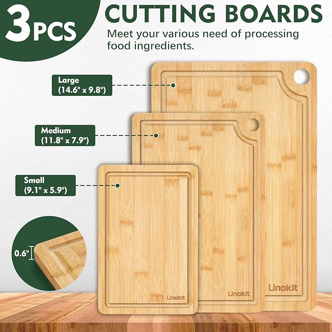 Unokit 3PCS Bamboo Cutting Boards Set - Large Natural Wooden Cutting Boards with Juice Groove & Built-in Handles，Ideal Charcuterie & Chopping for Meat, Vegetables, Dishwasher Safe