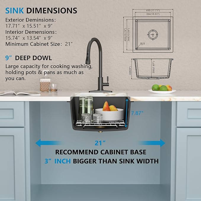 18"x16" Undermount Bar Prep Sink – Matte Black Granite Composite Quartz Classic Under Counter Single Bowl Sink Basin for Wet Bar, RV, Small Kitchen, Mobile Home