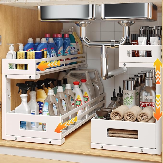2-Pack 20.47"Deep Under Sink Organizer And Storage,2-Tier L-Shaped Pull Out Cabinet Organizer with Upgraded Slide Rails,Height Adjustable Drawers for Kitchen&Bathroom,Extra-Large Storage Shelves–White