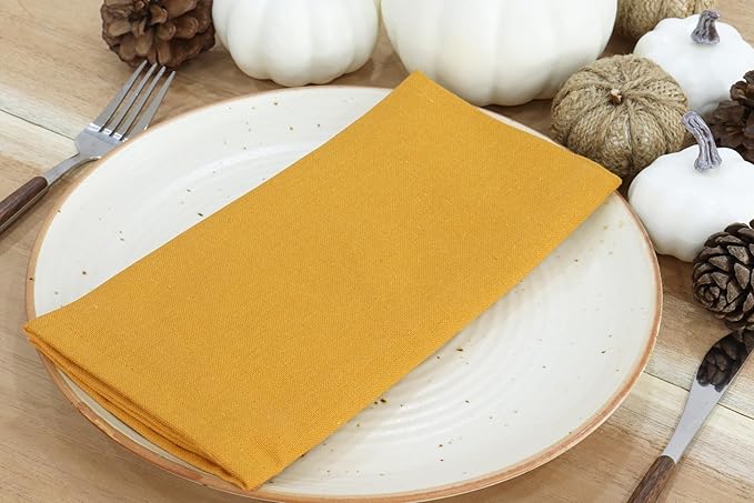 PurpleEssences Set of 12 Cloth Dinner Napkins 100% Cotton 18x18 Inch - Soft Durable Washable - Ideal for Farmhouse Party Christmas Holiday Winter - Perfect Everyday Use Table Linen - Golden Yellow