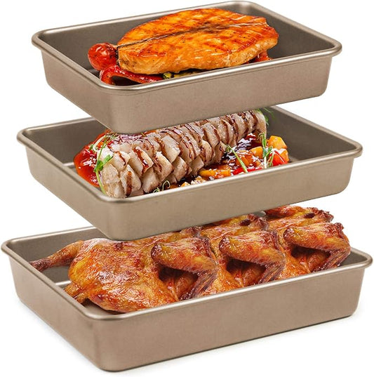 SuperMa 3 Pack Deep Baking Pans Set Nonstick Rectangular Cookie Sheets 9 11 13 Inch Baking Sheets for Baking Bread, Toaster Bakeware Gold