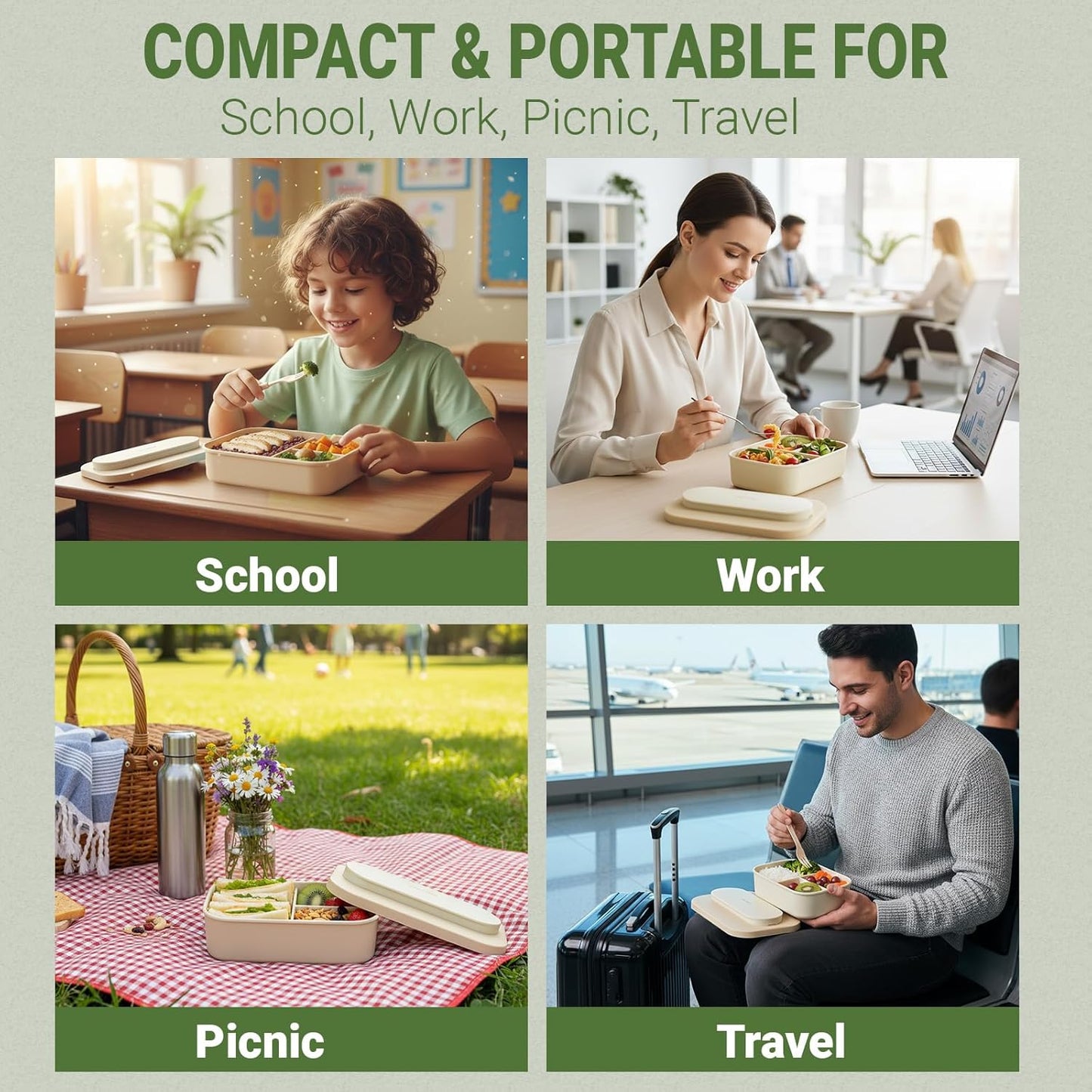 Silicone Bento Box Lunch Box for Adults, Lunch Food Container with 3 Compartment, BPA-Free and Leakproof, Microwave & Dishwasher Safe (Beige)