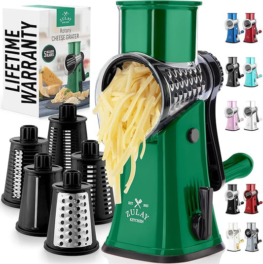 Zulay Kitchen Rotary Cheese Grater 5 Blade Cheese Shredder - Manual Hand Crank Cheese Grater With Reinforced Suction & 5 Interchangeable Drums - Easy to Use, Vegetable Chopper Round Mandoline Slicer