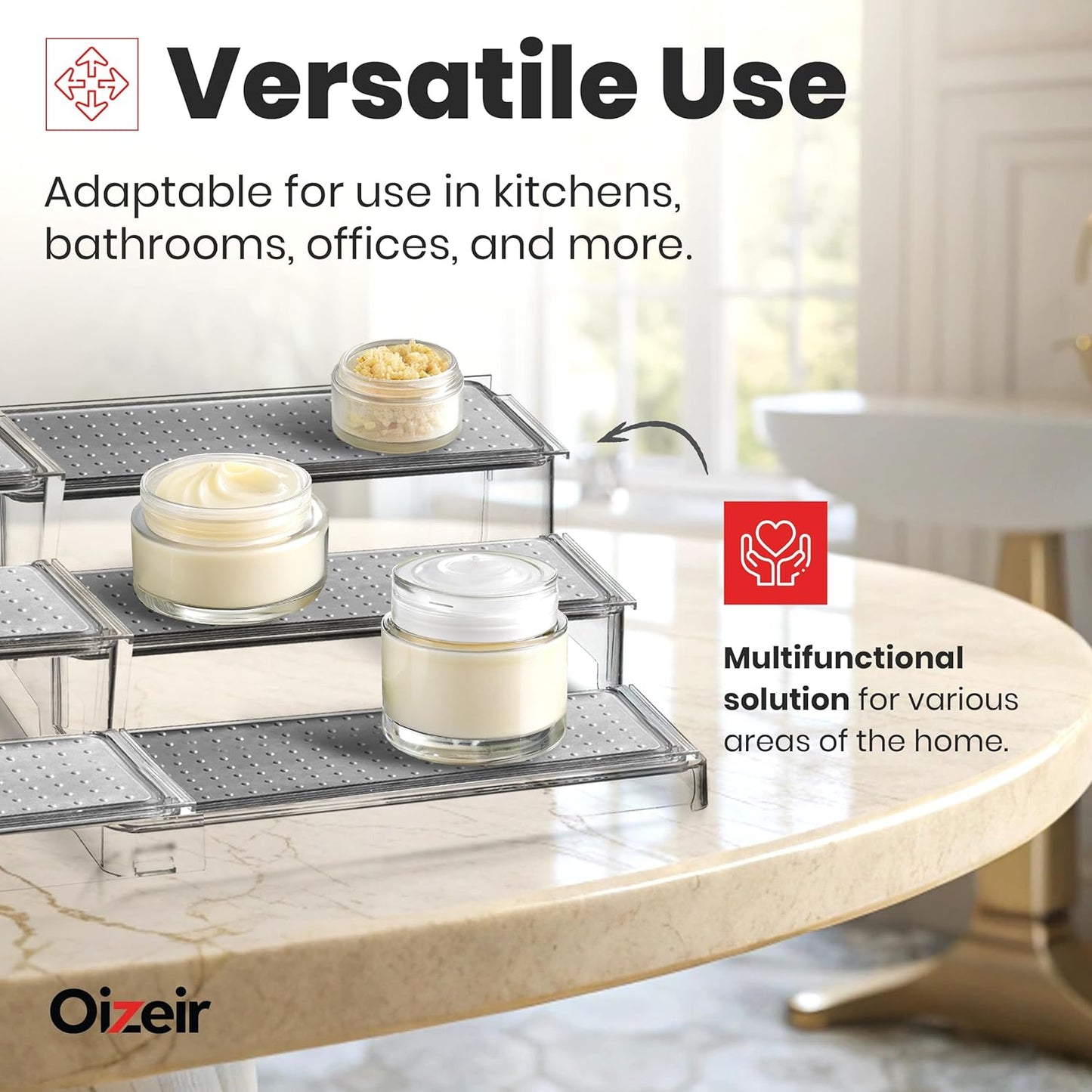 Expandable Spice Organizer Rack - 3-Tier - Clear Adjustable Tiered Shelf Spices Organization for Kitchen Cabinet and Pantry Storage