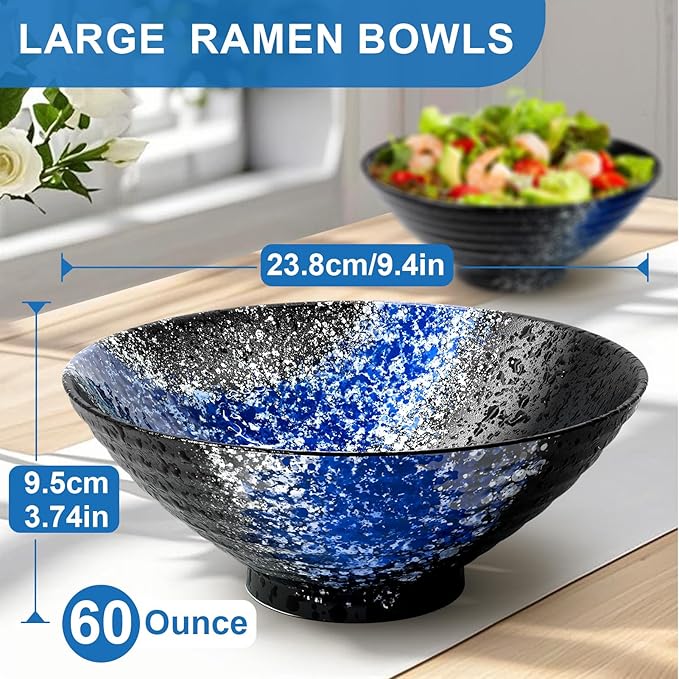 9.4Inch Ceramic Ramen Bowl Set of 4 (17 Piece) - Porcelain Japanese Salad Noodles Cereal Fruit Pasta Soup Large Bowls with Recipes Chopsticks Forks Spoons for Men Women Gift Microwave Dishwasher Safe