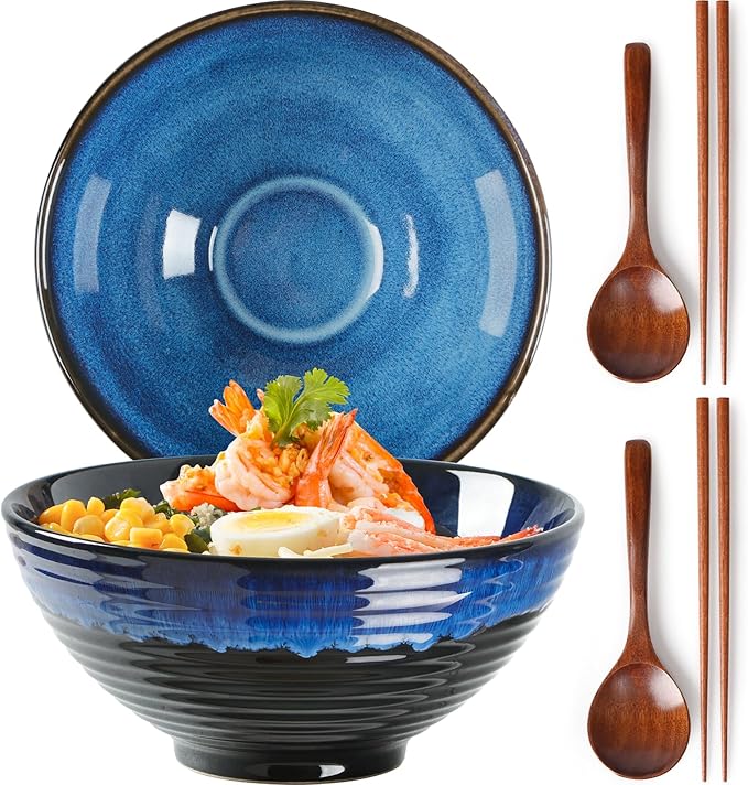 NUTRIUPS Set of 2 Ceramic Ramen Bowls with Spoons & Chopsticks, 40oz Large Soup Bowls for Udon, Miso, Noodles (Ocean Wave)