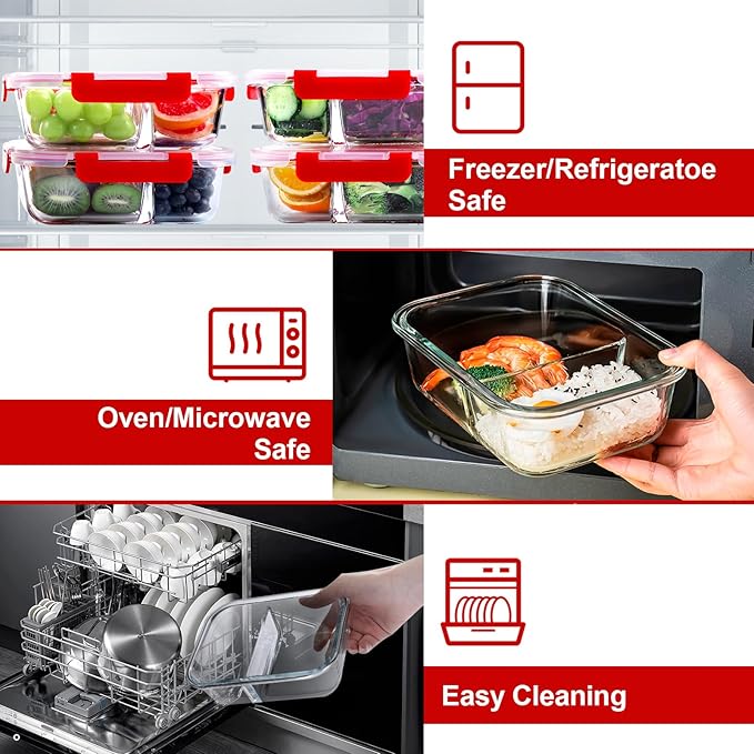 VERONES 5 Pack Glass Meal Prep Containers 2 Compartment Set, 36OZ Airtight Glass Lunch Containers, Glass Food Storage Containers with Lids, for Microwave, Oven, Freezer & Dishwasher Friendly,Red