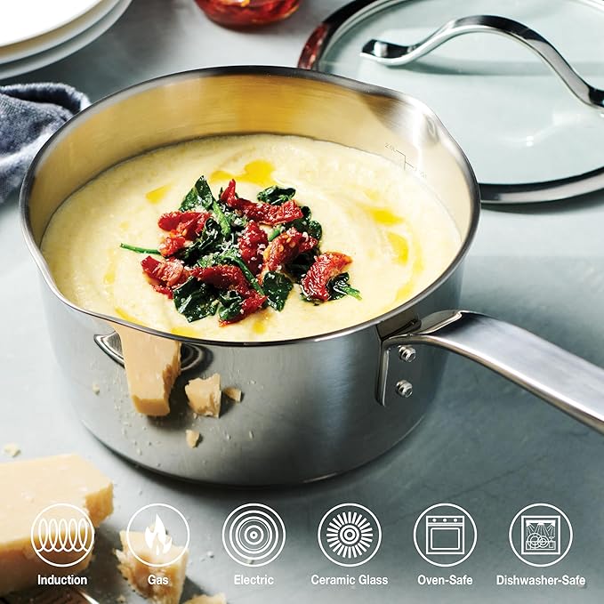Tramontina Tempo Tri-Ply Base Stainless Steel 3-Quart Sauce Pan with Glass Lid, Induction-Ready Saucepan, Oven-Safe, Dishwasher-Safe