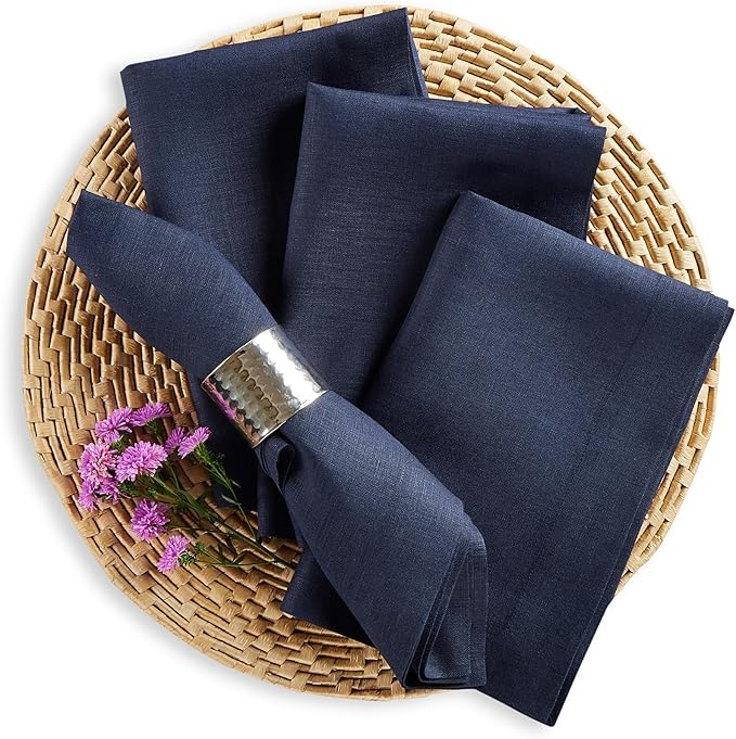 Solino Home Navy Blue Linen Napkins Set of 4 - 100% Pure Linen Dinner Napkins 20 x 20 Inch for Fall, Autumn, Thanksgiving, Christmas, Holiday, Winter - Fete