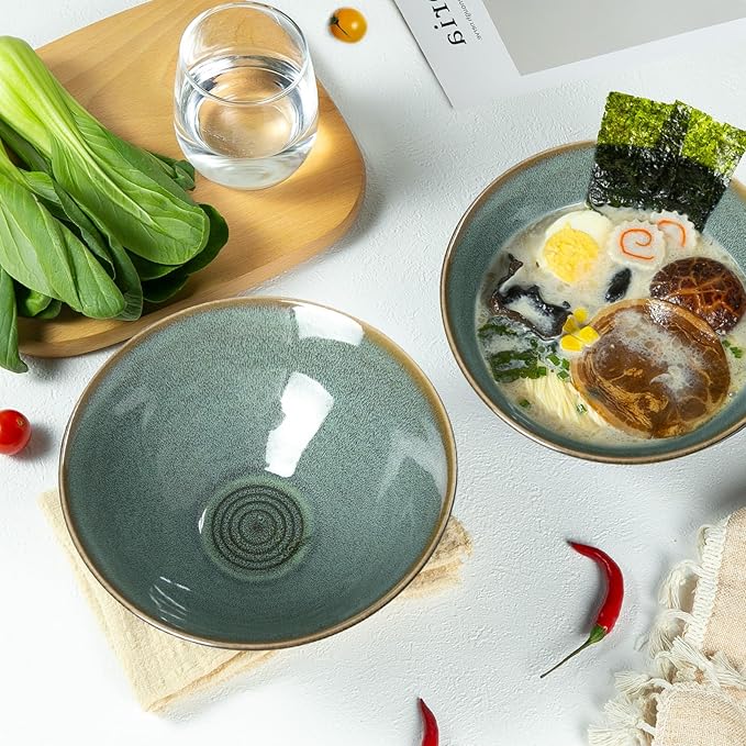 40 oz Ceramic Ramen Bowl Set of 2, Ramen Noodle Bowl with Spoons and Chopsticks 8 Inch Japanese Retro Style Large Soup, Pho, Udon Bowls, Microwave & Dishwasher Safe, Green