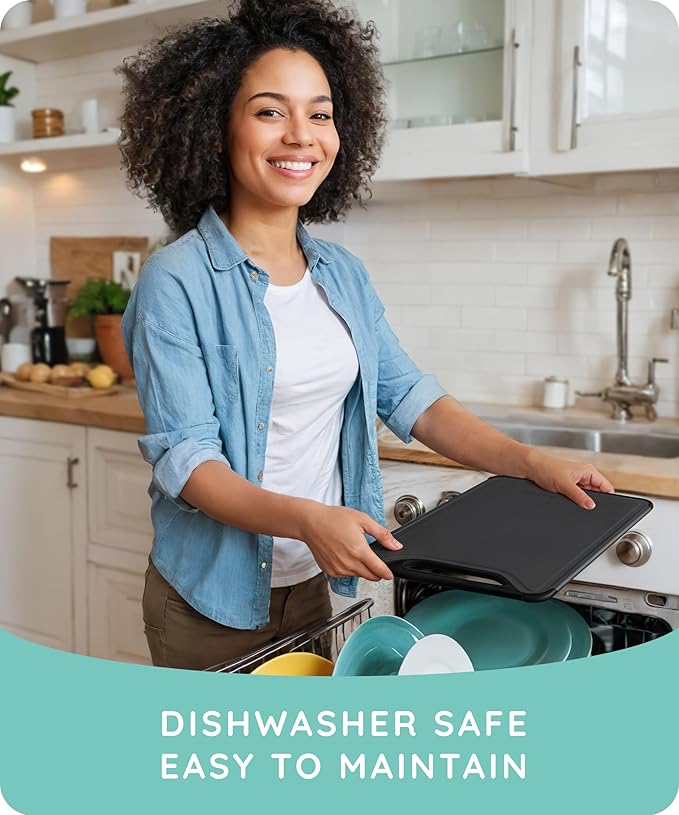 Cutting Boards for Kitchen, Plastic Cutting Board Set of 3, Dishwasher Safe Cutting Boards with Juice Grooves for Meat, Veggies, Fruits, Easy Grip Handle, Non-Slip (Black/Gray)