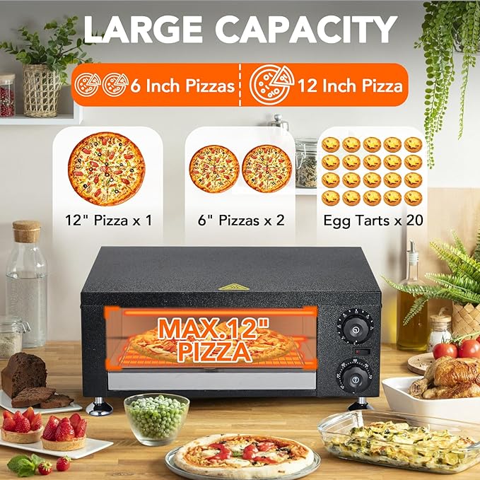 GarveeHome Electric Pizza Oven Indoor, 12" Countertop Pizza Oven with 0-60 Minutes Timer, Pizza Maker Machine for Home and Commercial with Gloves, Clip & Pizza Roller