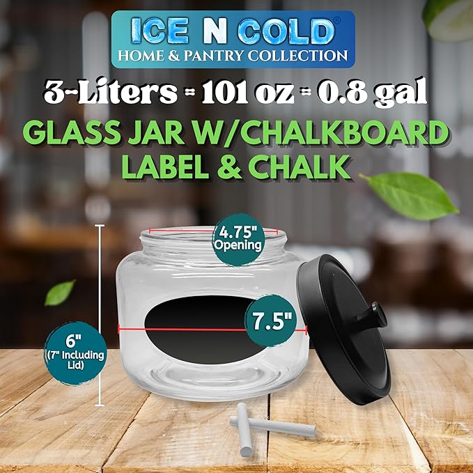Kitchen and Laundry Storage Glass Jar – Wide Mouth Round Glass Storage Container with Black Steel Lid and Chalkboard Label - 2 Sticks of Chalk Included (6, 3L | 101oz | 0.8 Gallon)