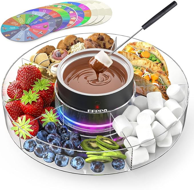 FEPPO Cordless Electric Fondue Pot Set with Mood Light - 7 Roulette Cards & Detachable Serving Tray, 13.5 oz Chocolate Melting Machine, Ideal Gift for Holiday, Family, Parties & Camping