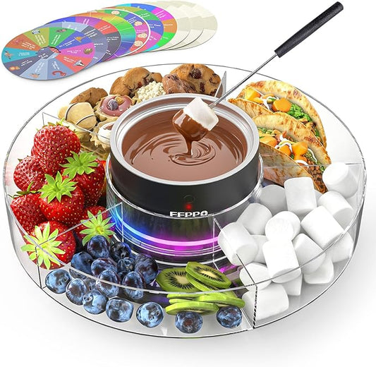 FEPPO Cordless Electric Fondue Pot Set with Mood Light - 7 Roulette Cards & Detachable Serving Tray, 13.5 oz Chocolate Melting Machine, Ideal Gift for Holiday, Family, Parties & Camping