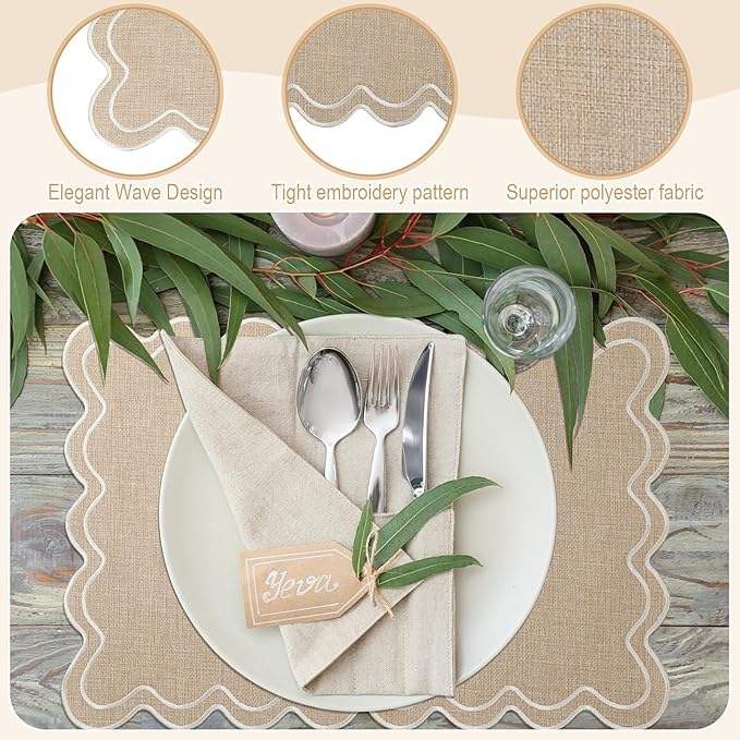 12 Set Linen Placemat 13x19 Wavy Embroidery Scalloped Placemat Double Layered Washable Farmhouse Dinner Table Mat Fabric Napkin for Christmas Hotel Restaurant Wedding Party(Linen Color)