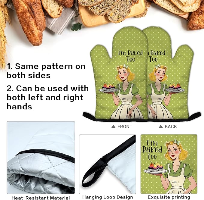 I'm Baked Too, Fun Oven Mitts and Potholders Set, Perfect for Baking Lovers, Bakers, Mom, Wife, Girlfriend Birthday Housewarming Gift, Fashionable Double-Sided Pattern