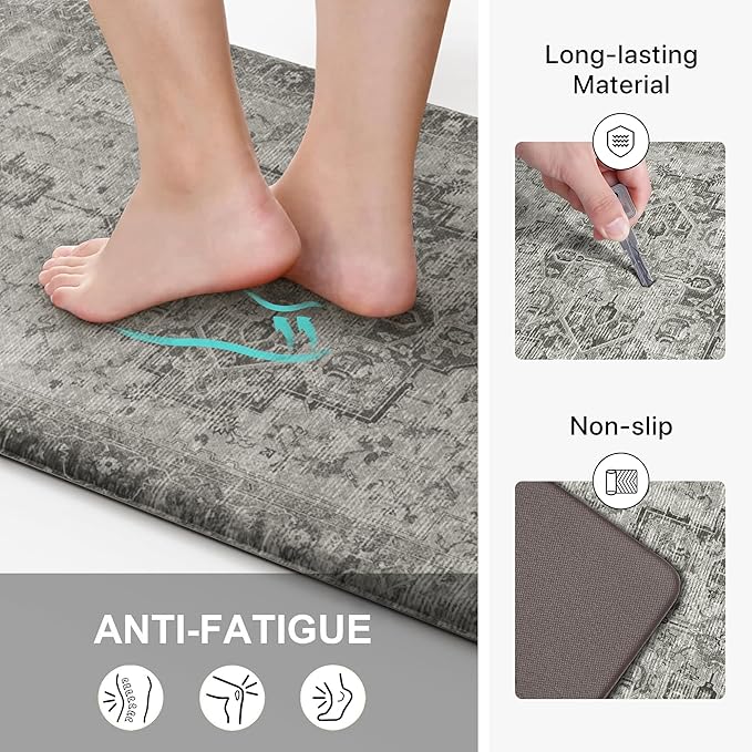 GENIMO Kitchen Mats for Floor 2PCs, Washable Anti Fatigue Mat for Cushioned, 17.3"x47"+17.3"x30", Waterproof Kitchen Rugs, Non Slip Standing Mat Rug for Home, Runner, Sink, Laundry, Vintage Grey
