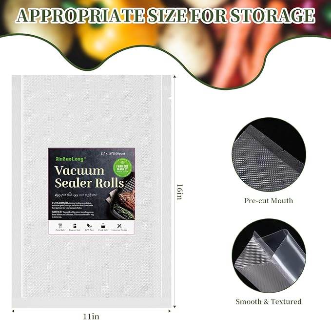 Vacuum Sealer Bags For Food,100 Quart 11" x 16",Commercial Grade BPA Free Bag, Durable Customized Size Food Vac Bags for Storage and Sous Vide Cooking，Puncture Prevention