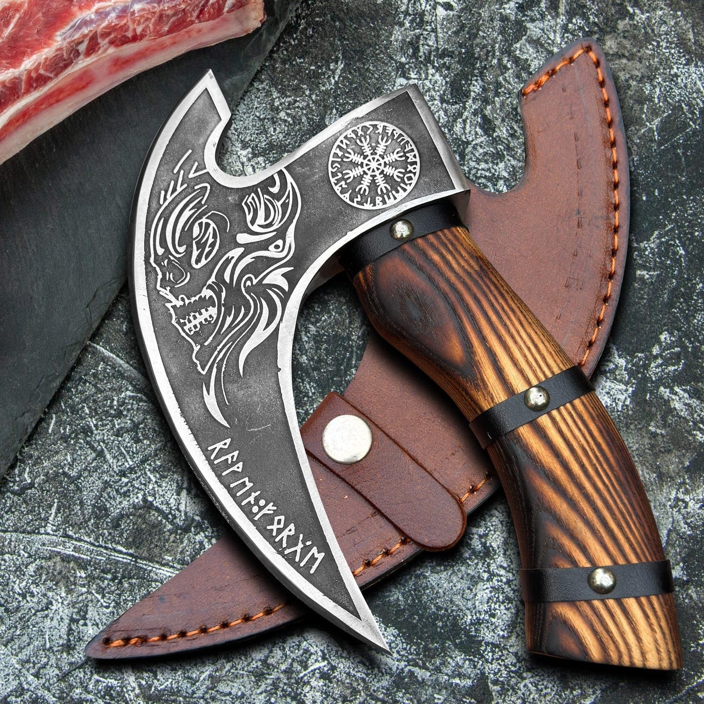 Viking Style Pizza Cutter Handmade Ulu Rocker Knife with Engraved Blade Durable Wooden Handle with Leather Grip Includes Leather Sheath